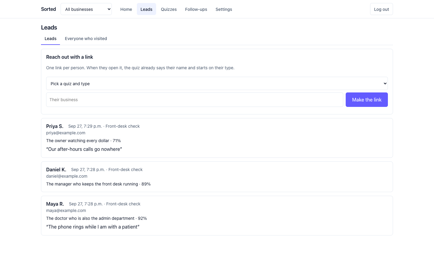 Your Leads page: two leads, each with a type and their own words